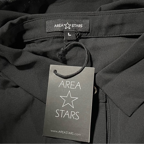 New Area Stars Pleated Puff Sleeve Button Down Blouse Lee Black Size Large - Picture 13 of 16